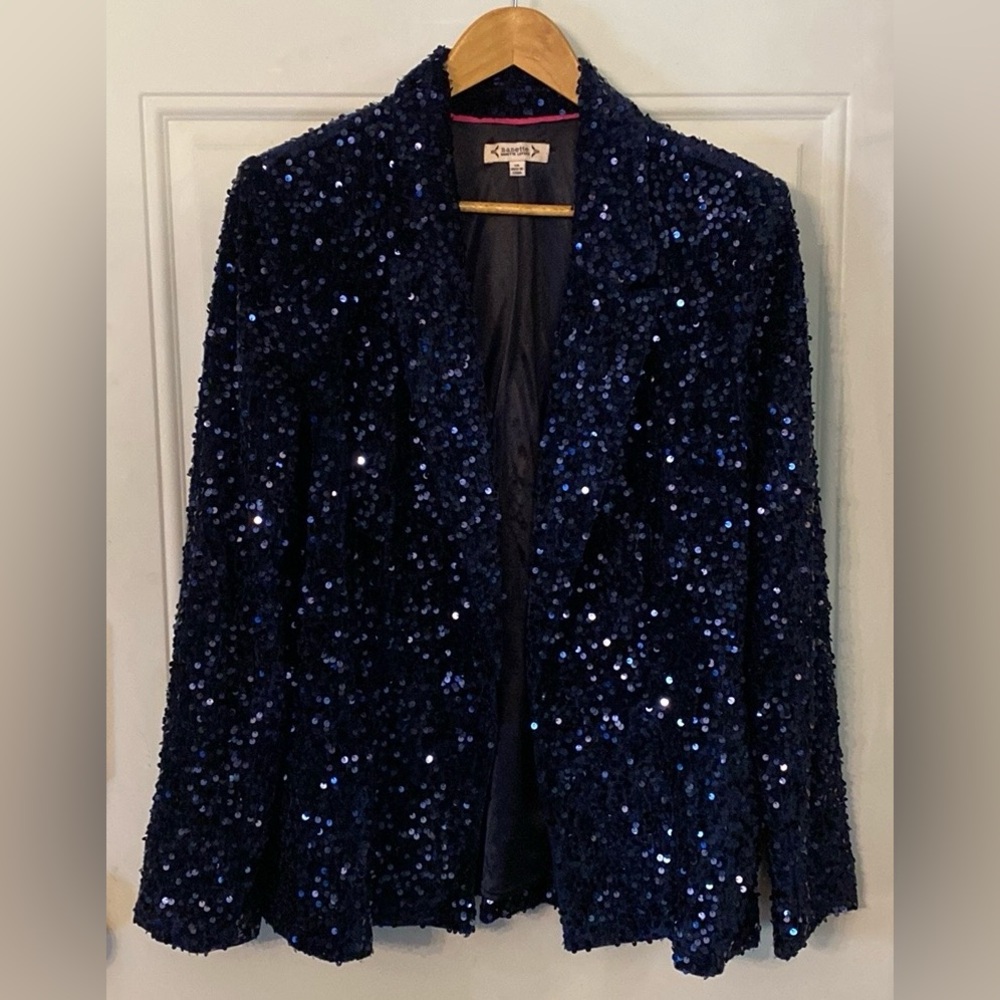 Nanette Lepore Girls’ Night Out Sapphire Blue Velvet Sequin Blazer Jacket - Picture 12 of 16
